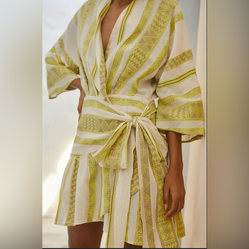 Devotion TWINS Lime-Striped Cream Wrap Mini Dress